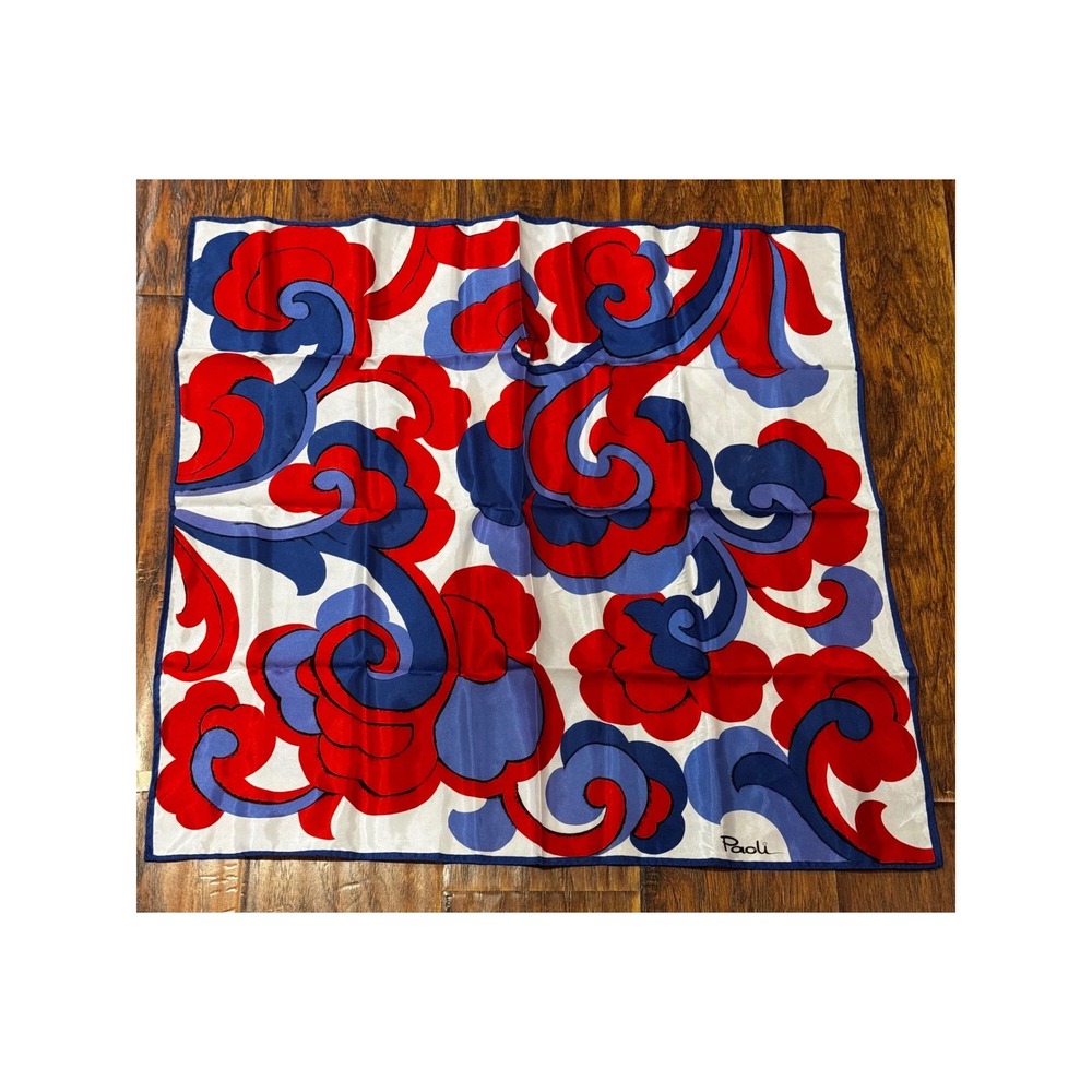 Paoli Scarf Womens OS Red Blue White Good Vintage Mod Acetate Square 26x26.5 - Picture 3 of 5